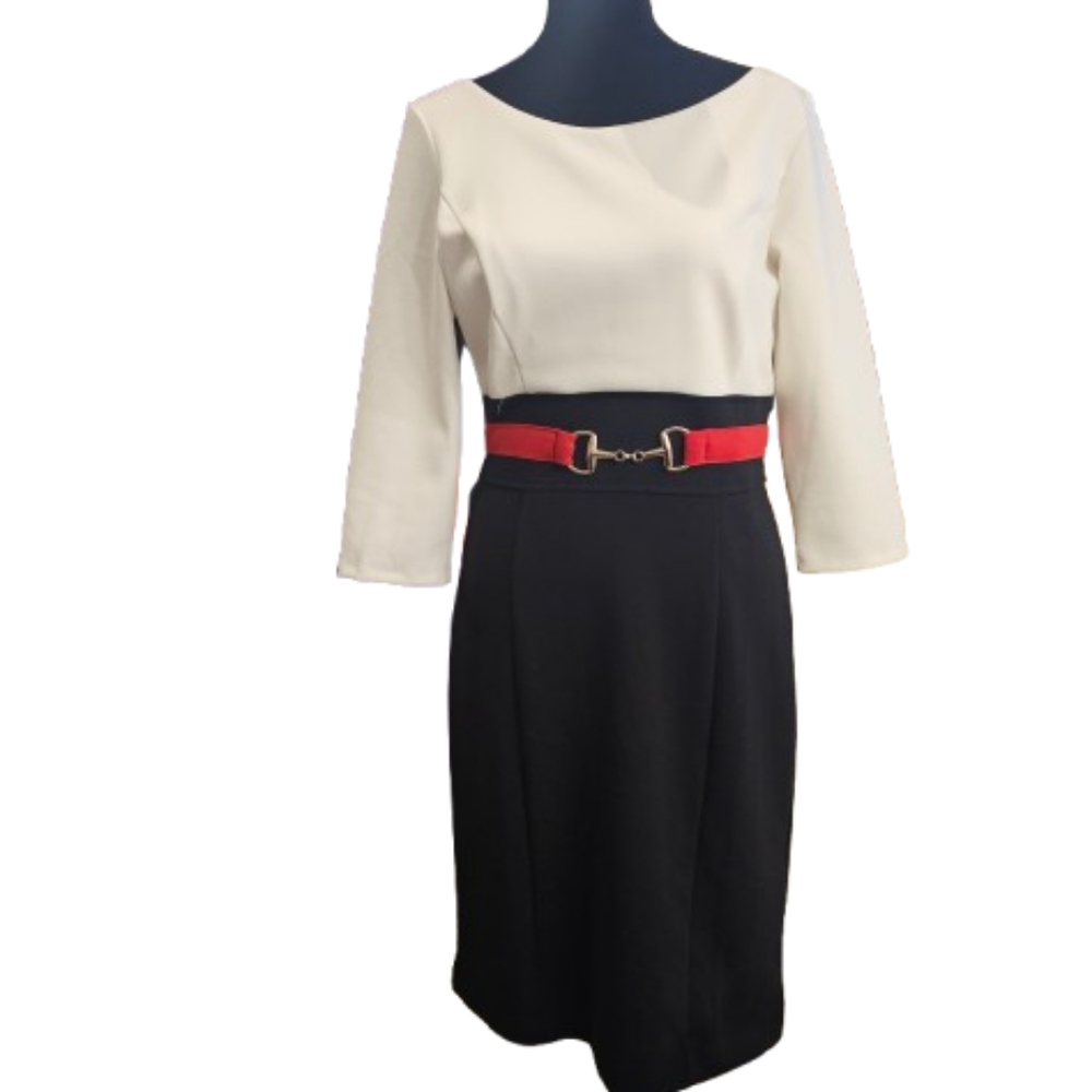 White House|Black Market Elegant White and Black Dress with Red Accent